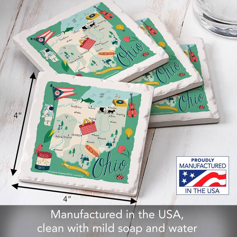 Ohio 4-Pack Absorbent Stone Coasters with Protective Cork Backing 4" Square Manufactured in The USA Artistic Easily Wipes Clean