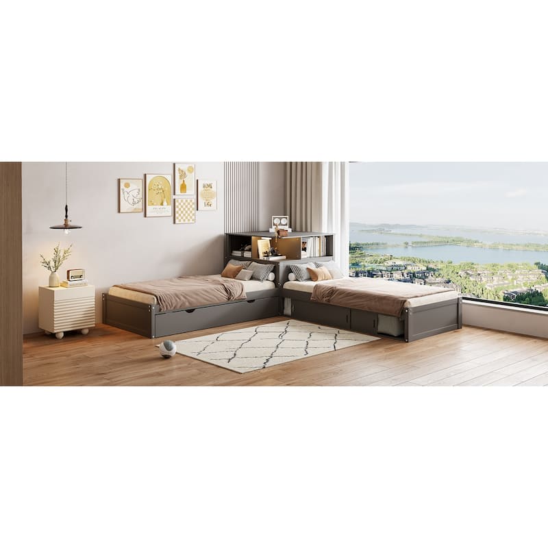 Roomfitters Twin L-Shaped Platform Bed with Trundle, Storage Cabinets and LED Desk