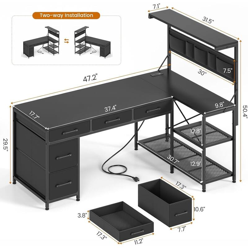 L Shaped Computer Desk 5 fabric Drawers Gaming Desk Storage Shelf
