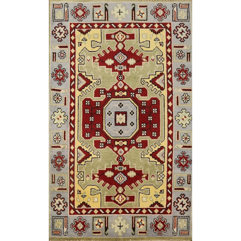 Hand Knotted Oriental 100% Wool Carpet Traditional Geometric Green Kazak Area Rug - 6' 0'' X 4' 0''