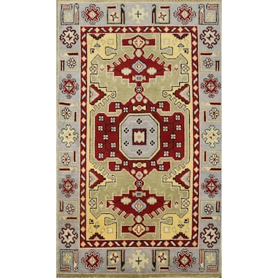 Hand Knotted Oriental 100% Wool Carpet Traditional Geometric Green Kazak Area Rug - 6' 0'' X 4' 0''