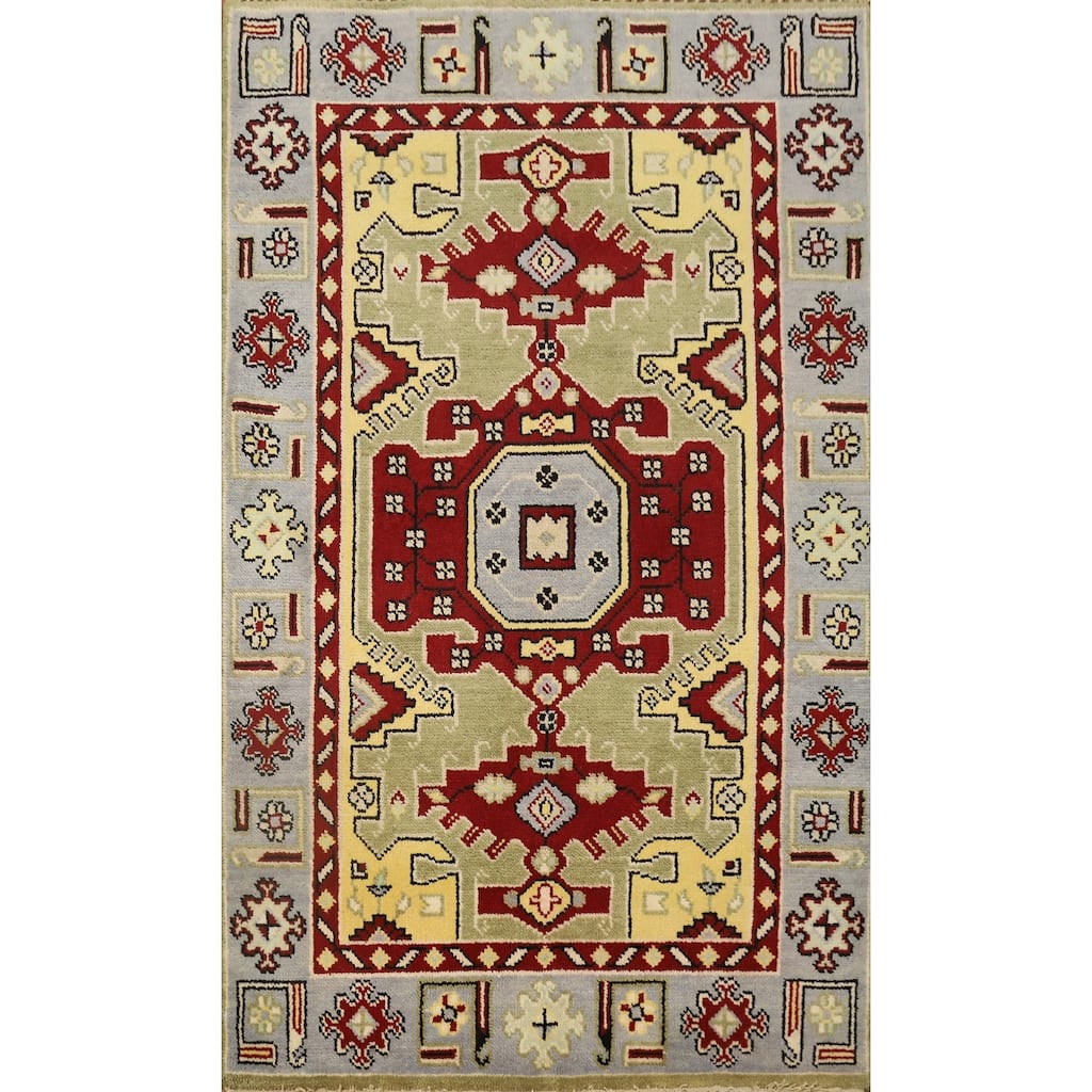 Hand Knotted Oriental 100% Wool Carpet Traditional Geometric Green Kazak Area Rug - 6' 0'' X 4' 0''