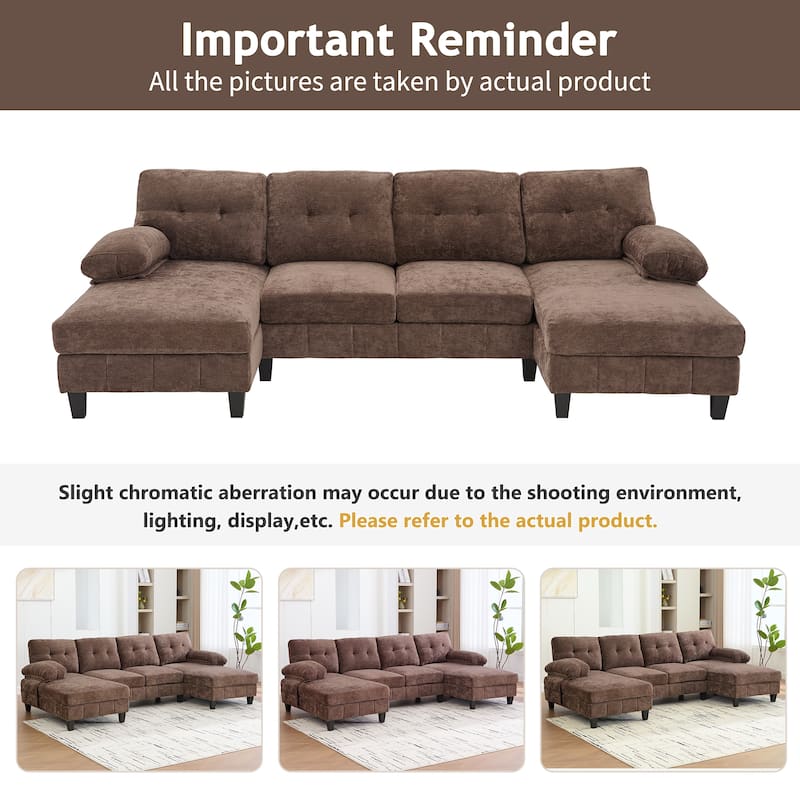 Anmytek 103.5"Chenille U-Shaped Sectional Sofa with Dual Chaise Lounges, Storage Pockets & Armrest Pillows