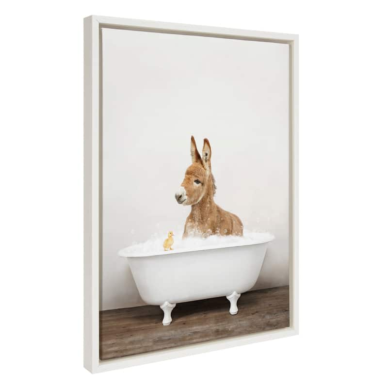 Kate and Laurel Baby Donkey Rustic Bath Framed Canvas by Amy Peterson - White