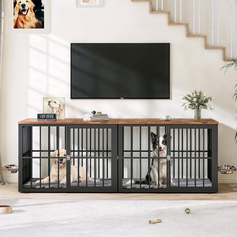 Double Dog Crate Furniture, TV Stand with Removable Divider and Feeding Bowls - 38.8"W 2PCS - Rustic Wood