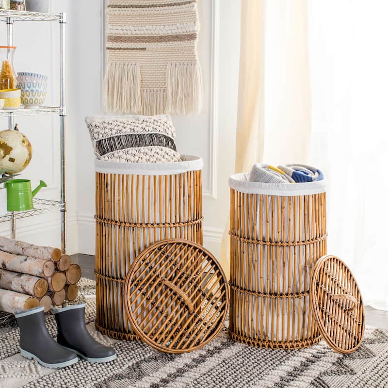 SAFAVIEH Andreia White Wash Rattan Storage Hamper with Liner - 17.7" x 17.7" x 29.5" - 18Wx18Dx30H
