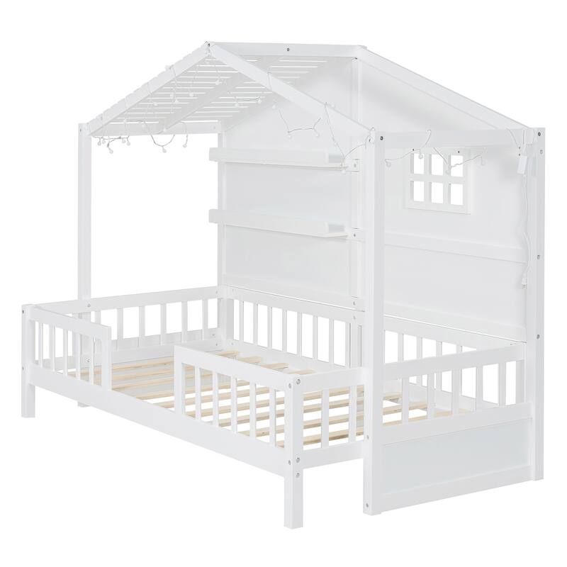 Twin Size House Bed with Shelves, Window and Sparkling Light Strip on The Roof, Kids Wood Platformbed Frame for Bedroom