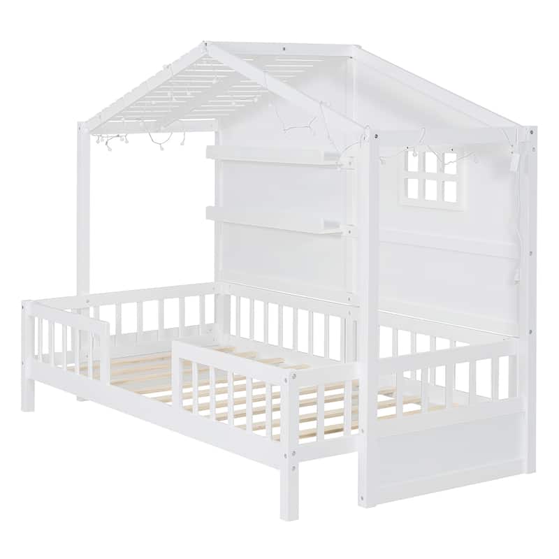 Twin Wood House Bed with Built-in Shelves