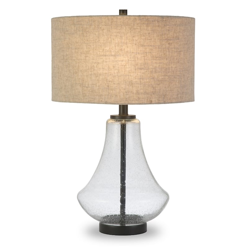 23" Coastal Glass Table Lamp with Linen Fabric Drum Shade and Metal Base for Bedroom or Living Room - 15"W x 15"D x 23"H - Black-Flax