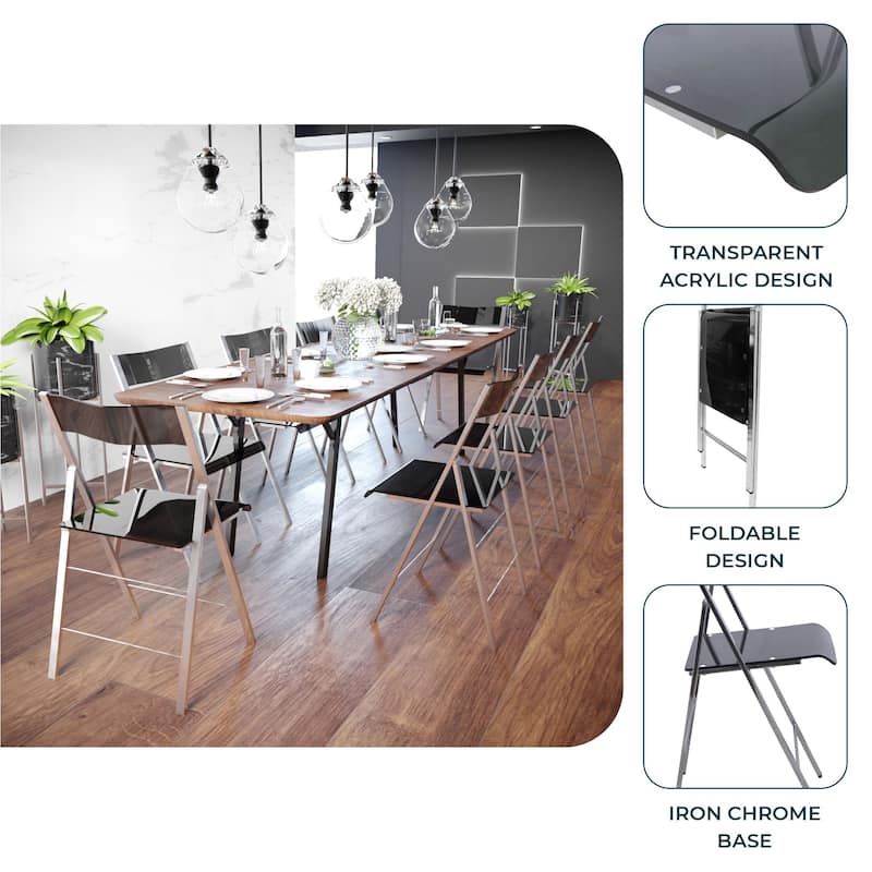 Menno Modern Foldable Acrylic Dining Chair with Gold/Black/Chrome Metal Frame and Transparent Seat for Indoor Outdoor