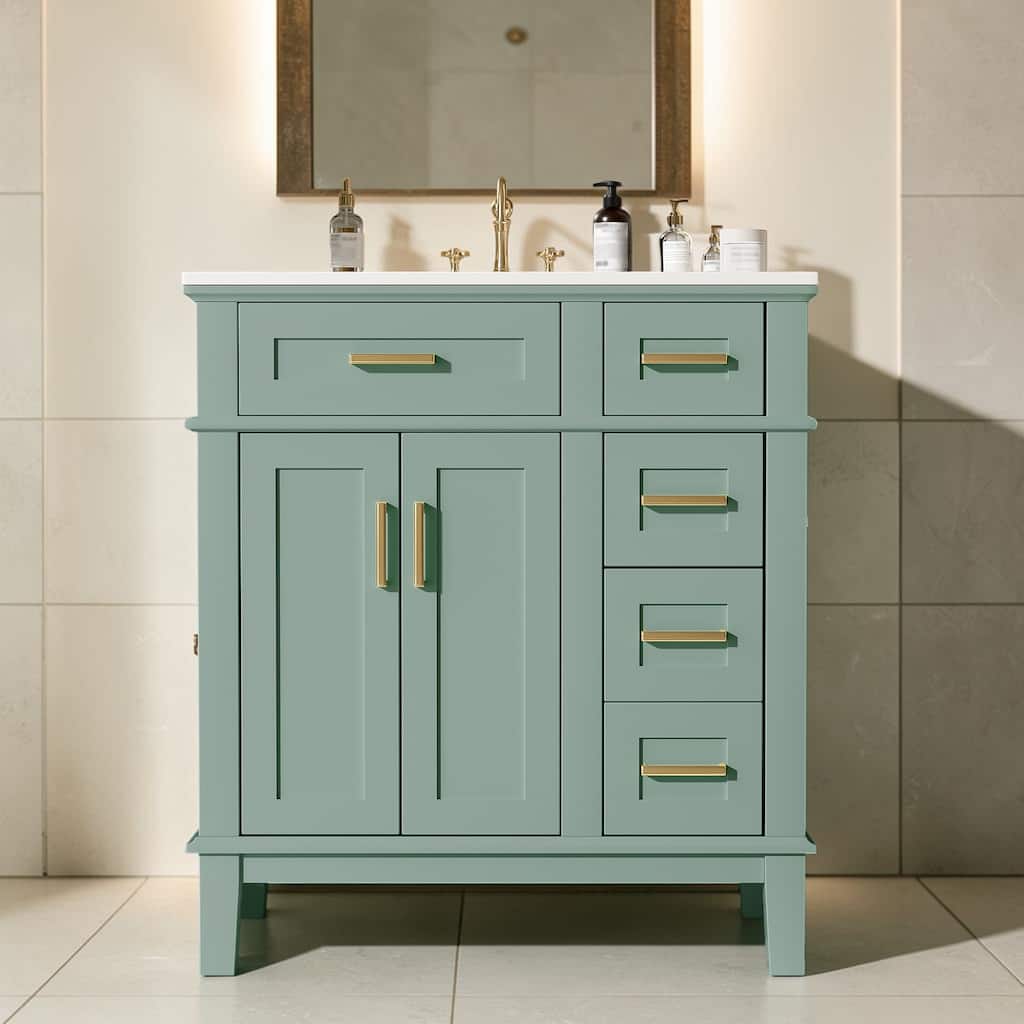 30 Inch Bathroom Vanity with Ceramic Sink, Freestanding Storage Cabinet with Soft Close Doors and Drawers