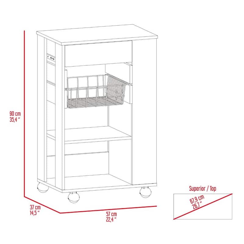 Mobile Kitchen Cart with One Drawer, Two Shelves, and Rack - Rolling Cart on Four Casters