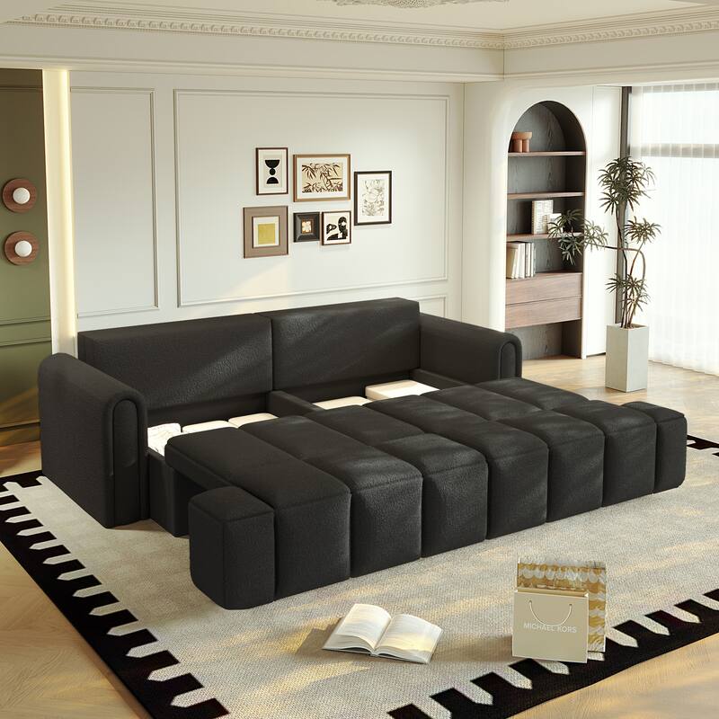 90.2" Comfy 4-Seater Modern Teddy Fabric Couch with Seats Storage, King Size 3-in-1 Convertible Sleeper Sofa Bed