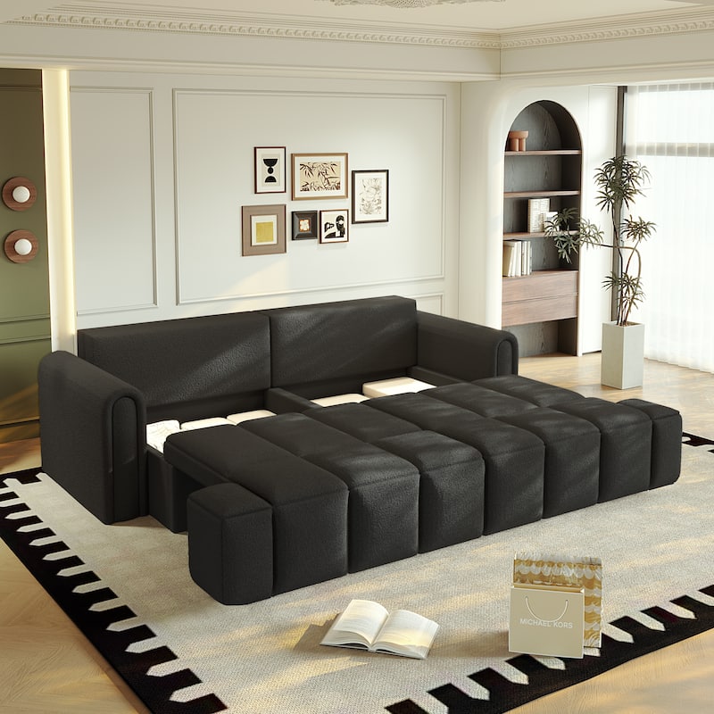 Homy Casa 90.2" 4-Seater Modern Teddy Fabric Convertible 3 in 1 Sofa Bed with Storage, King Size Sleeper Sofa