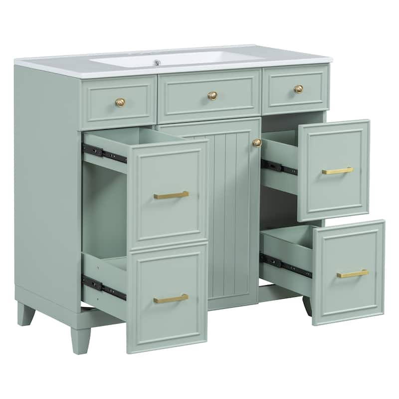 36 Inch Freestanding Bathroom Vanity with White Ceramic Basin and Door and Drawers