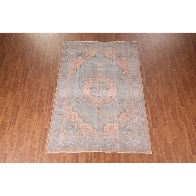 Distressed Tabriz Persian Antique Area Rug Hand-Knotted Wool Carpet - 6'5"x 9'5"