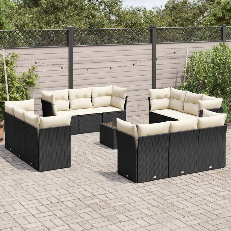 vidaXL Patio Sofa Set with Cushions Outdoor Conversation Furniture Poly Rattan - Black and cream Large With table