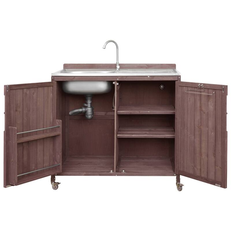 39.4" Outdoor Kitchen Island with 304 Stainless Steel Sink, Faucet & Storage Cabinet