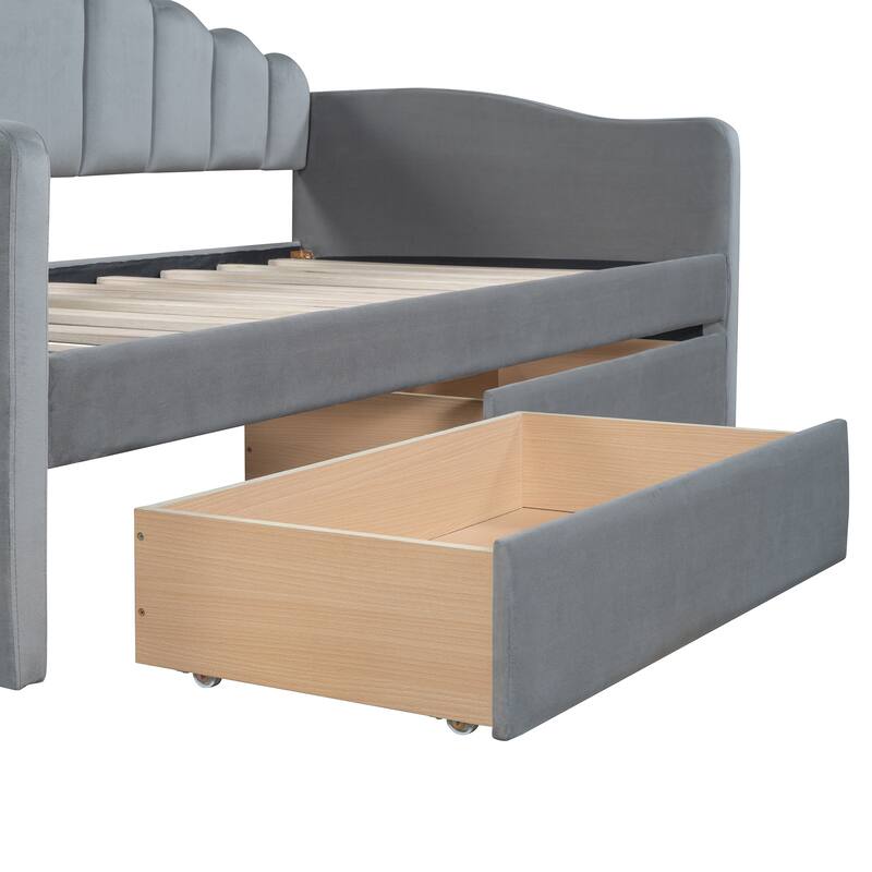 Twin Size Daybed Velvet Upholstered Sofabed with 2 Storage Drawers and USB Charging Ports, Wooden Bedframe No Box Spring Needed