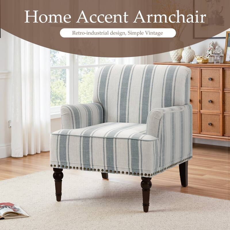 Set 2 Striped Upholstered Linen Armchair with Brass Nailhead Trim