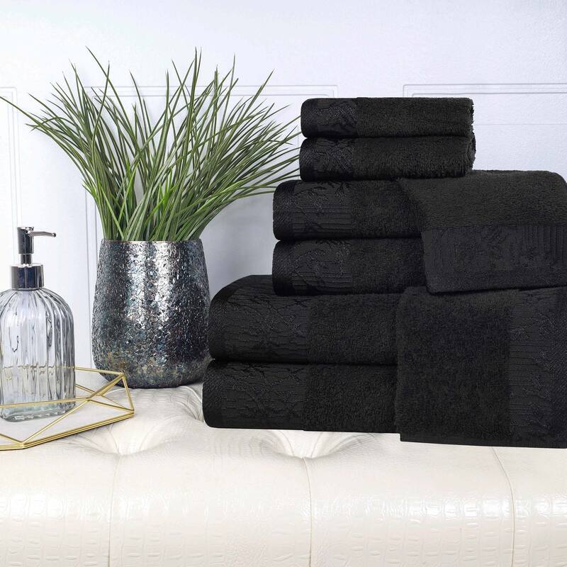 Superior Wisteria Cotton Floral Jacquard 8 Piece Bathroom Towel Set - Black/Black