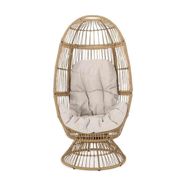 slide 2 of 12, Pintan Outdoor Wicker Swivel Egg Chair by Christopher Knight Home Light Brown + Beige Cushion