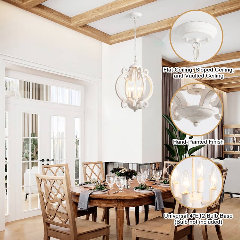 4-Light Antique Wood French Country Chandelier Vintage Pendant for Dining Room