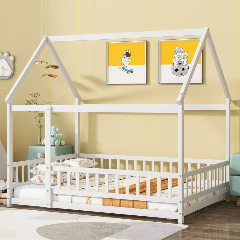 Full Size House Floor Wooden Bed with Roof Frame, Safety Guardrails - White