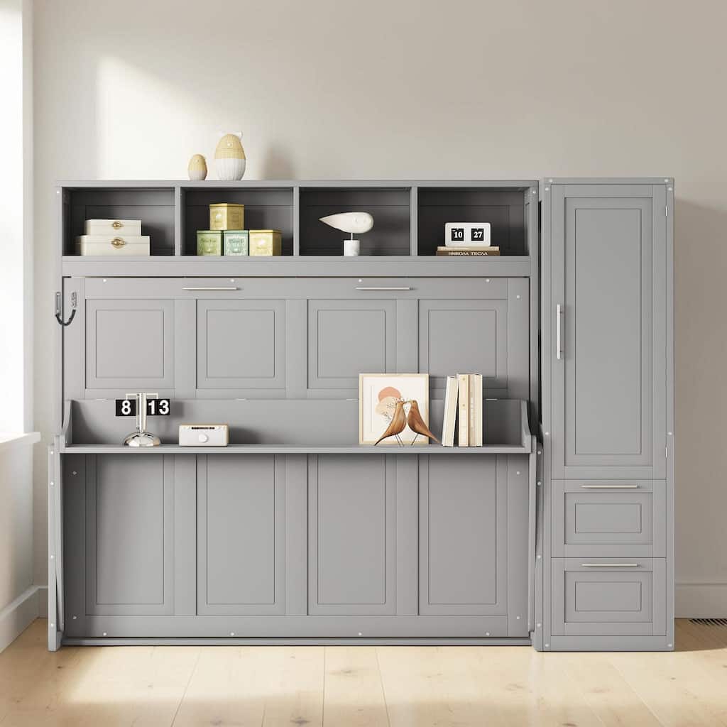 Queen Murphy Bed with Closet and Drawers, Wall Bed Cabinet with Storage Shelves Space Saving Design