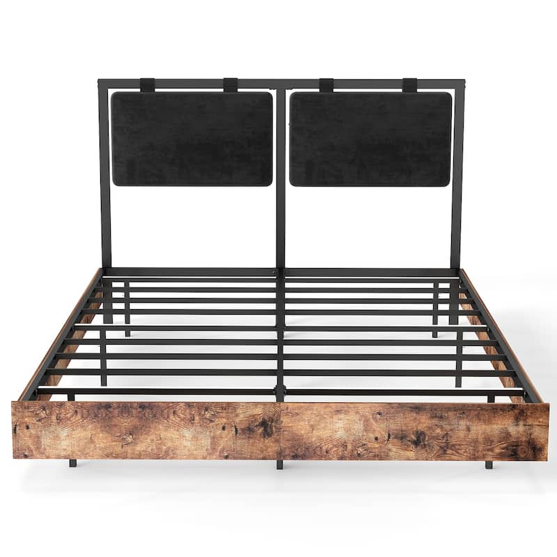 Floating Bed Frame with RGB LED Light Strip & Velvet Upholstered Hanging Headboard, Noise-Free Metal Slats Support, Black Brown