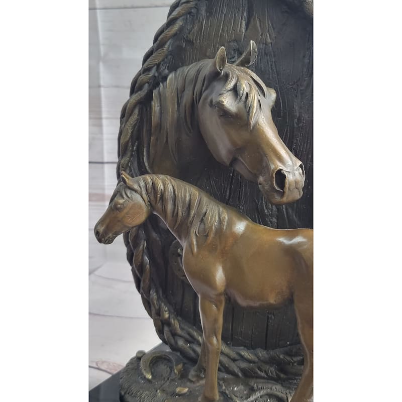 Equestrian Horse Lover Decor Mare Foal Bronze Sculpture Statue On Marble Base