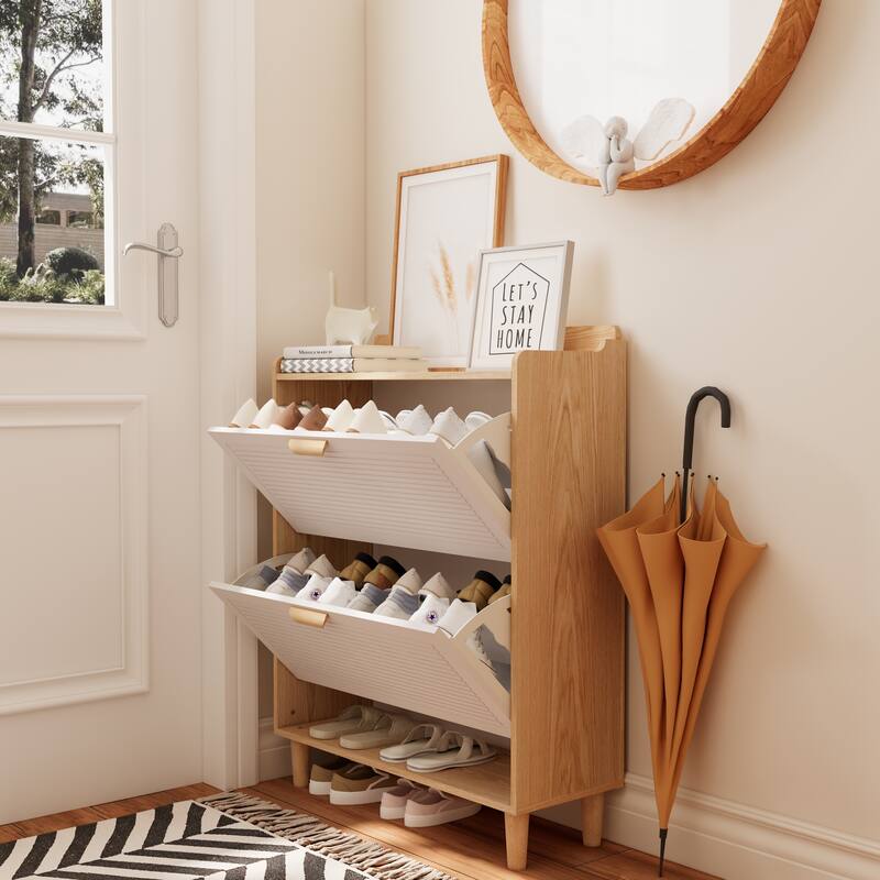 Narrow Shoe Cabinet with 2 Flip Drawers, Freestanding Storage Organizer, Shoe Rack with Solid Wood Legs for Entryway