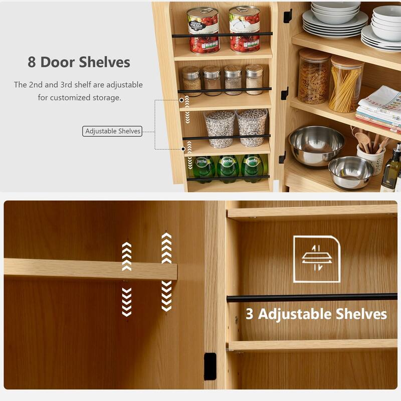 Farmhouse Kitchen Pantry Cabinet Storage Cupboard with 8 Door Shelves, 3 Adjustable Interior Shelves, Hidden Drawer