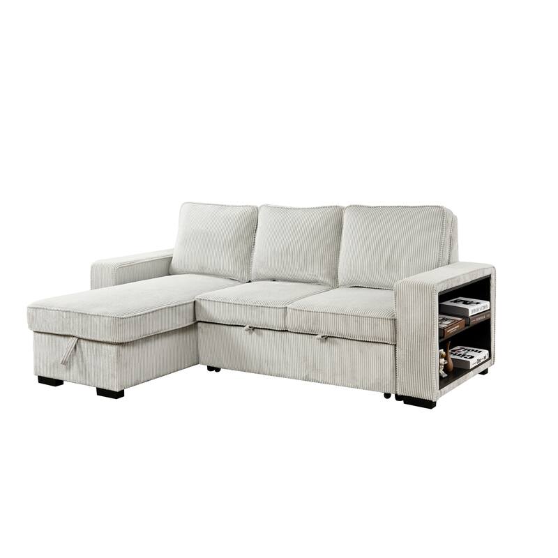 L-Shaped Sectional Convertible Sleeper Sofa Bed with Storage, USB Port & Cup Holder - Beige
