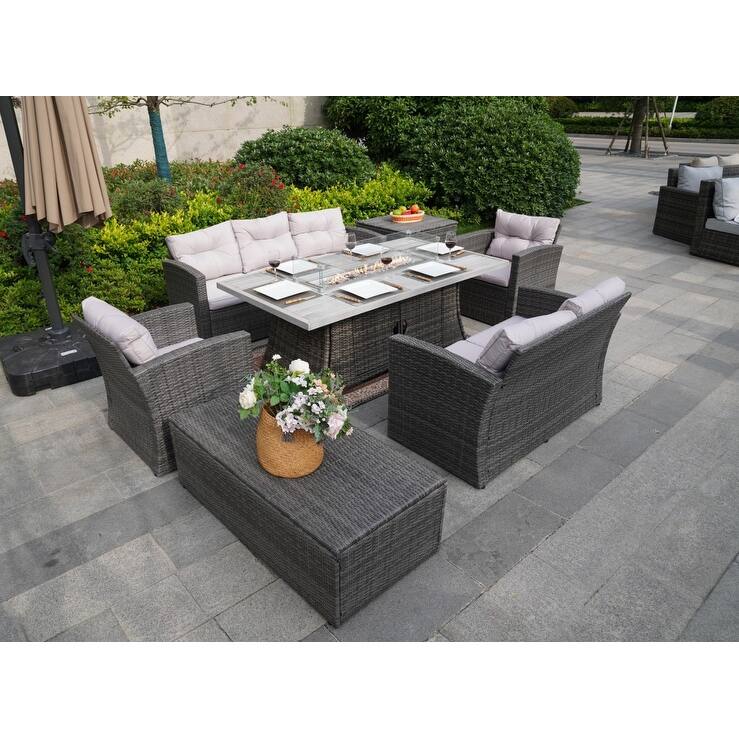 7-Piece Patio Wicker Sofa Set With Aluminum Dining Table and Storage End Table