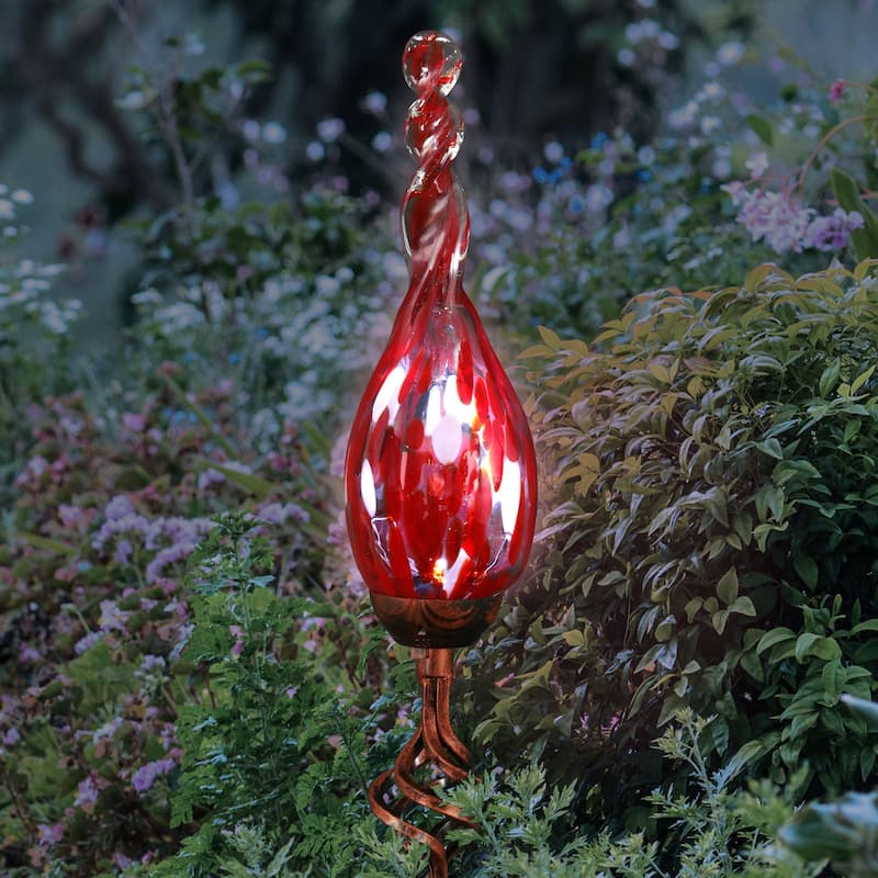 Exhart Solar Pearlized Hand Blown Glass Twisted Flame Garden Stake with Metal Finial Detail, 36 Inch - Red