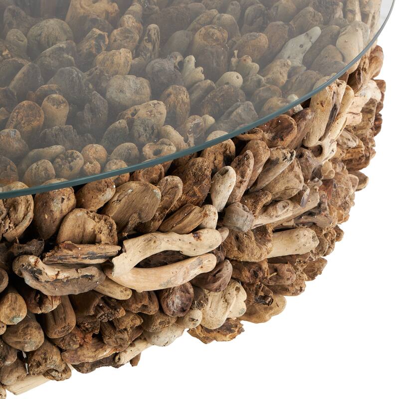 Driftwood Handmade Stacked Collage Coffee Table with Tempered Glass Top and Pedestal Base - Brown - Roche River Decor