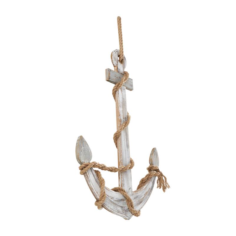Brown Wood Handmade Anchor Home Wall Decor with Rope and Shell Accents