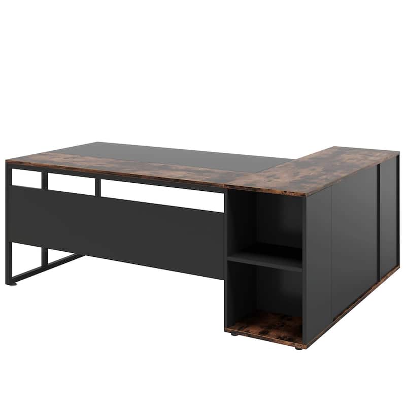 71" L-Shaped Executive Desk with Storage Cabinet & Shelves, Rustic Brown and Black
