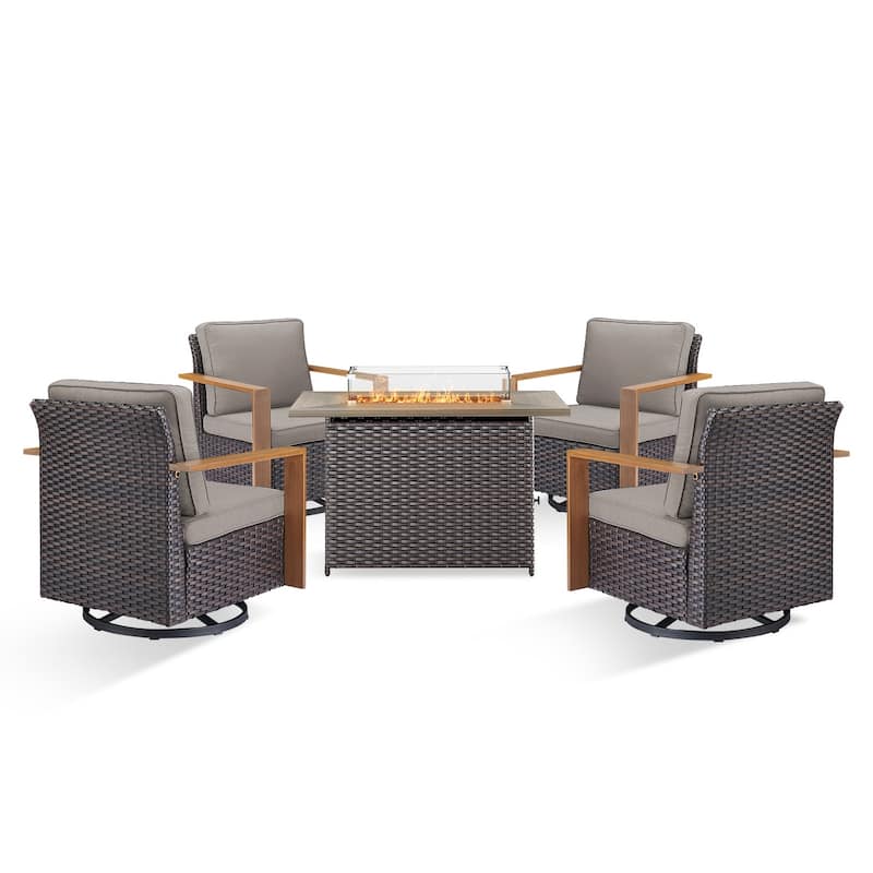 Pocassy 5 Pieces Outdoor Wicker Chair with Fire Table Set
