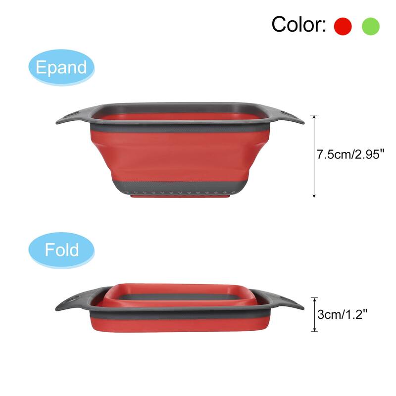 Collapsible Colander Set, 2 Size Silicone Square Strainer - red green - 24cm x 18.4cm x 7.5cm