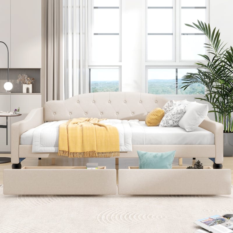 Full Size Upholstered Tufted Daybed with Two Drawers - Full - Beige