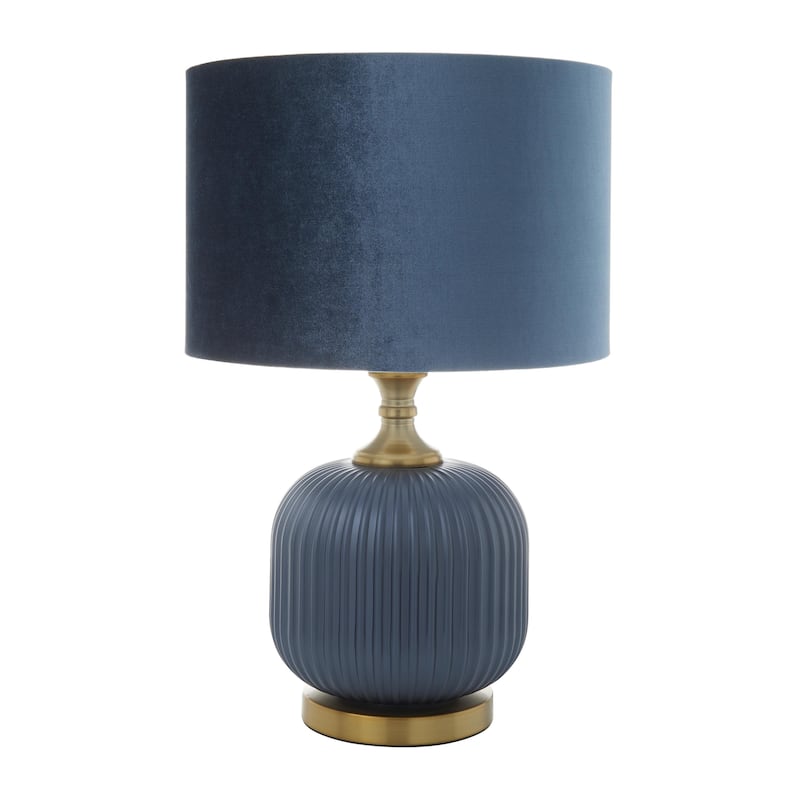 Fabric or Glass Ribbed Room Table Lamp with Velvet Shade and Gold Accents - Blue - Roche River Decor - Blue - 13"W, 20"H