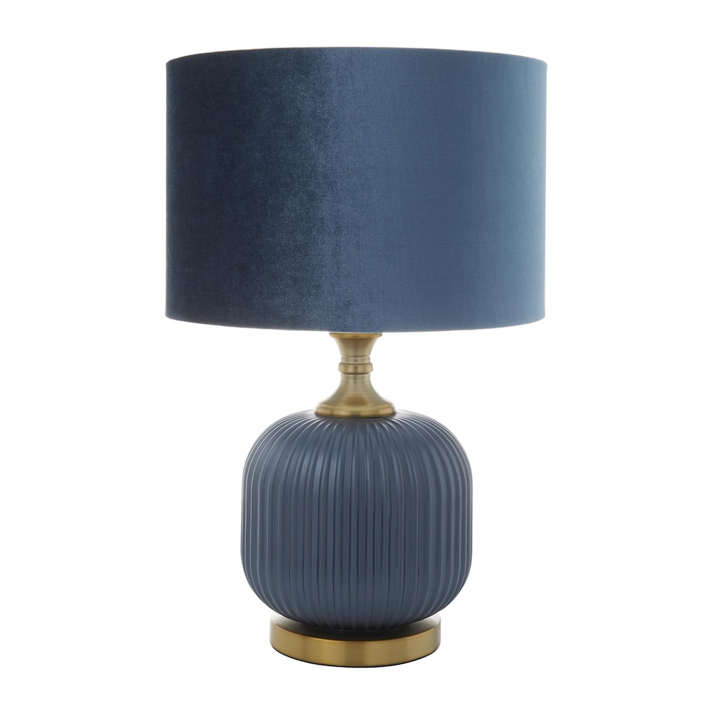 Fabric or Glass Ribbed Room Table Lamp with Velvet Shade and Gold Accents - Blue - Roche River Decor