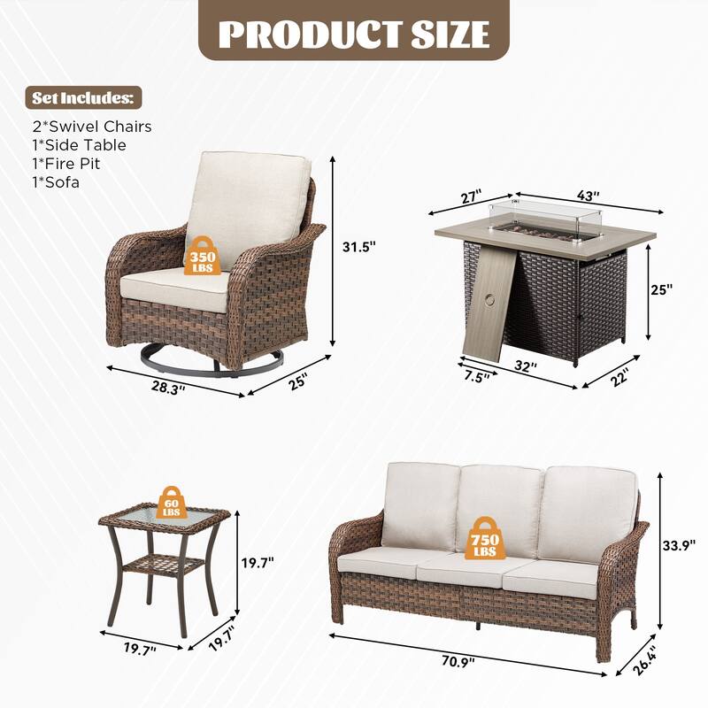 Cavira Brown Wicker Patio Fire Pit Conversation Set with Swivel Gliders