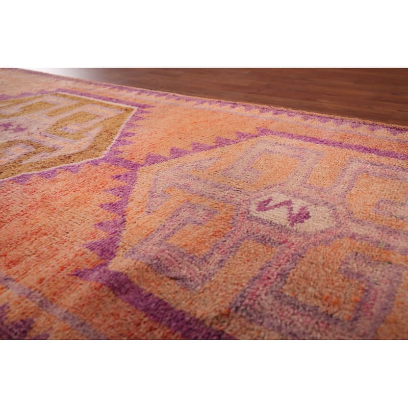 Geometric Oushak Oriental Vintage Runner Rug Hand-Knotted Wool Carpet - 3'6"x 10'4"
