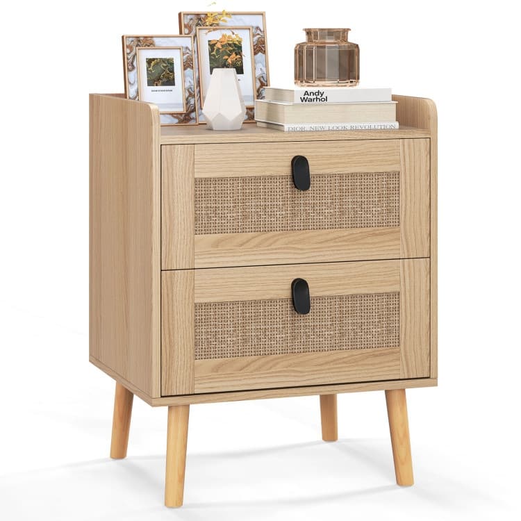 Modern End Table with Wide Top and 2 Rattan Storage Drawers - 17.5" x 15.5" x 22.5"