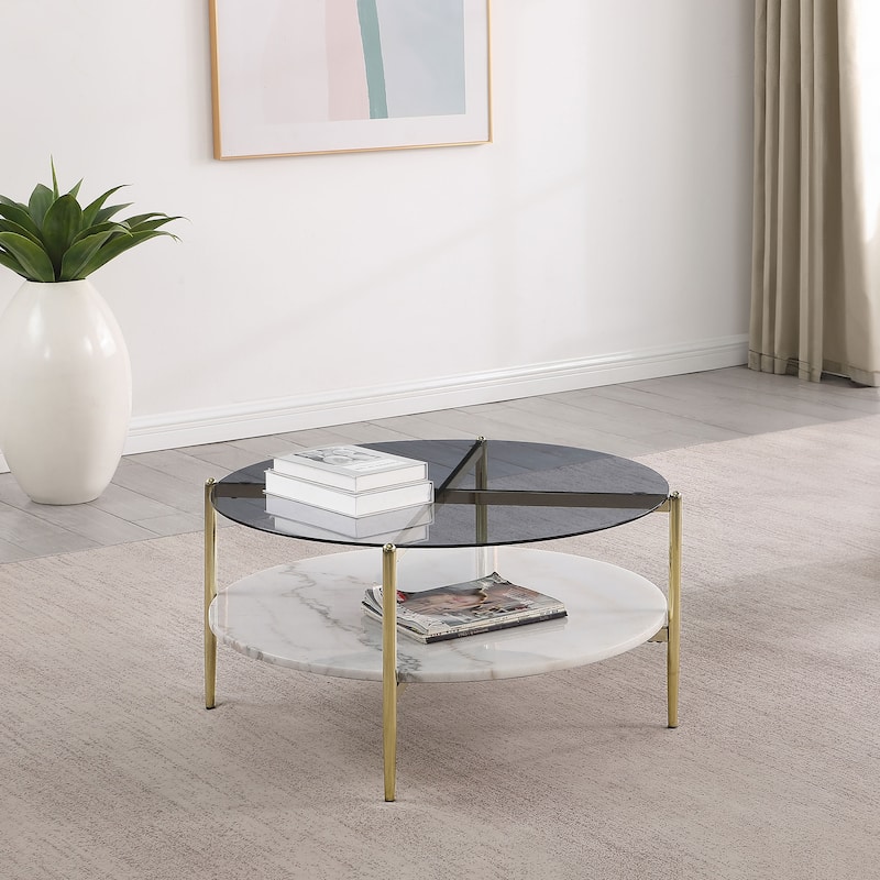Jonelle Round Glass Top Coffee Table White Marble Shelf Gold