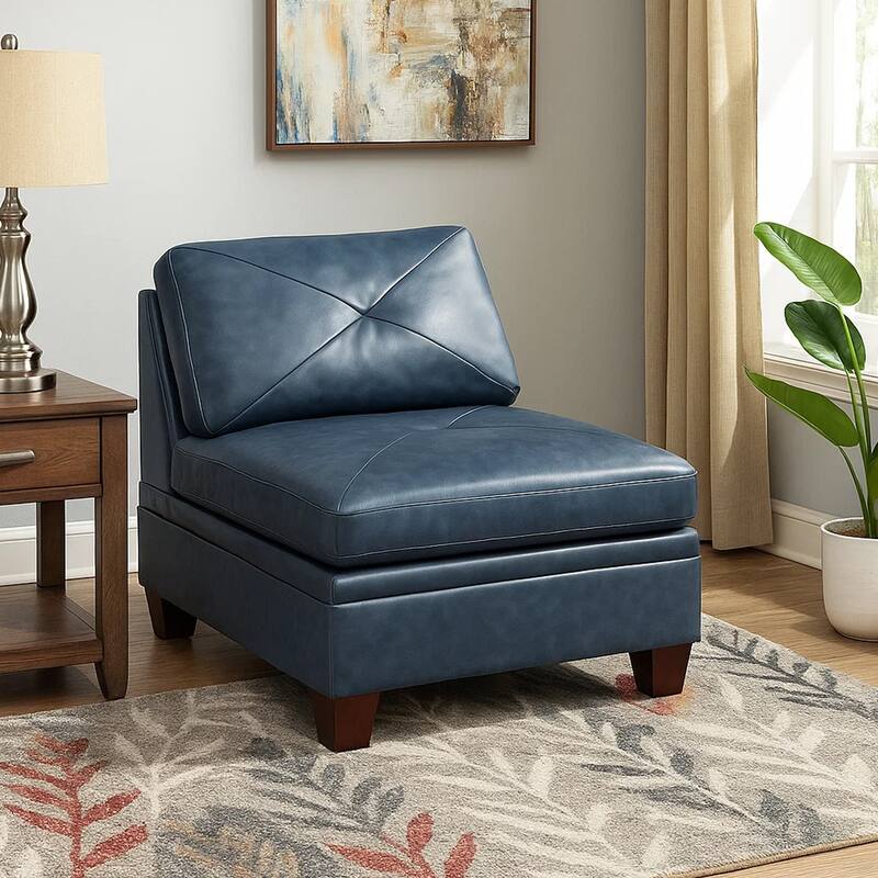 Samy 37 Inch Modular Armless Sofa Chair, Blue Faux Leather, Solid Wood