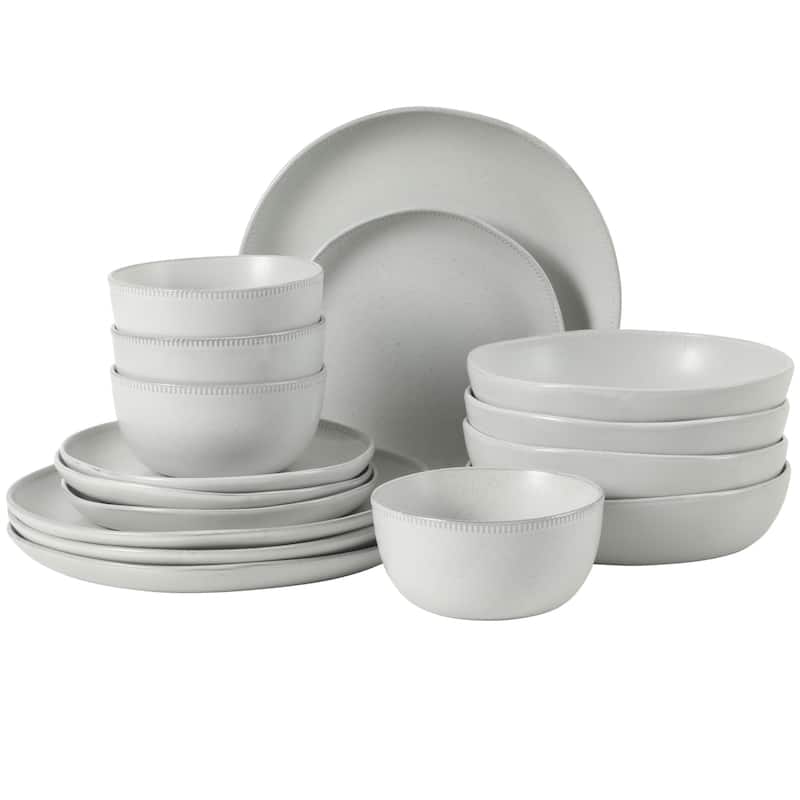 Gibson Elite Menlo Park 16-Piece Pottery Clay Stoneware Dinnerware Set - Reactive Glaze, Embossed, Service for 4 - White